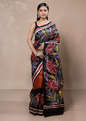 black Printed Pure Silk Saree Without Blouse Piece