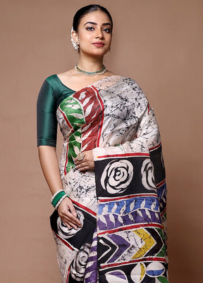 Cream Printed Pure Silk Saree Without Blouse Piece