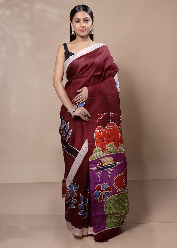 Maroon Printed Pure Silk Saree Without Blouse Piece