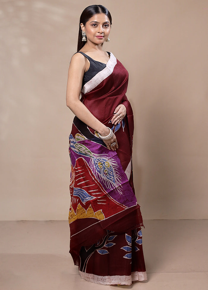 Maroon Printed Pure Silk Saree Without Blouse Piece