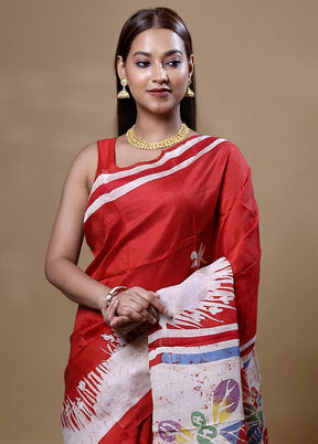 Red  Printed Pure Silk Saree Without Blouse Piece