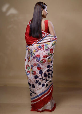 Red  Printed Pure Silk Saree Without Blouse Piece