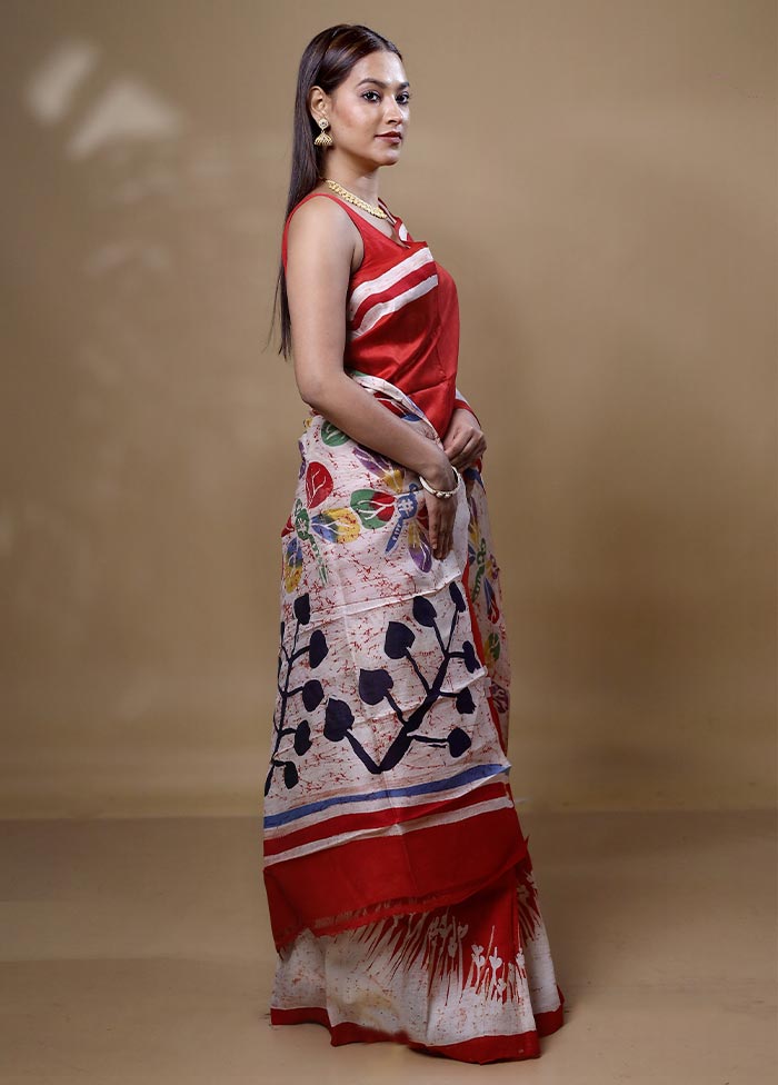 Red  Printed Pure Silk Saree Without Blouse Piece