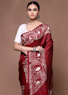 Maroon Printed Pure Silk Saree Without Blouse Piece