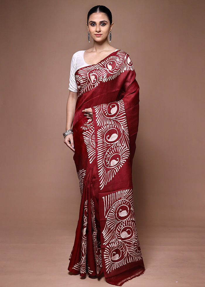 Maroon Printed Pure Silk Saree Without Blouse Piece