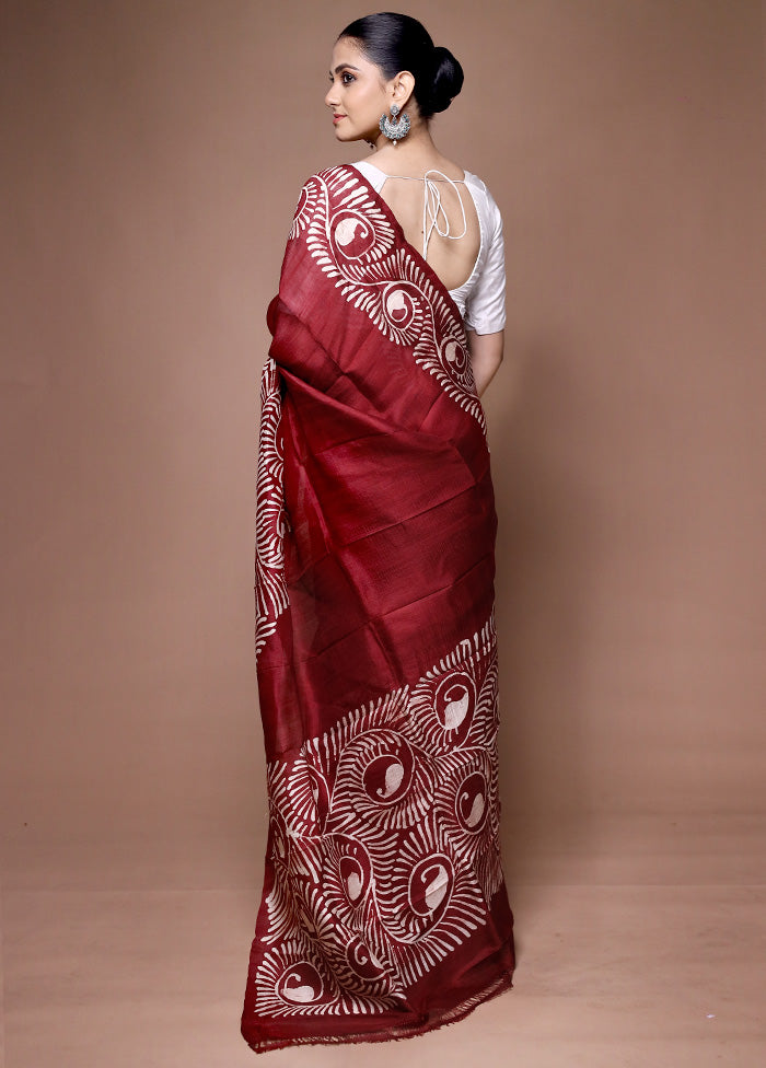 Maroon Printed Pure Silk Saree Without Blouse Piece