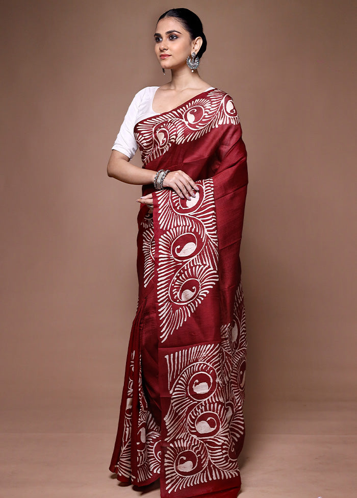 Maroon Printed Pure Silk Saree Without Blouse Piece