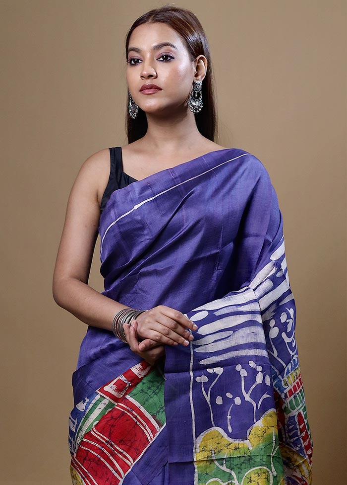 Blue Printed Pure Silk Saree Without Blouse Piece