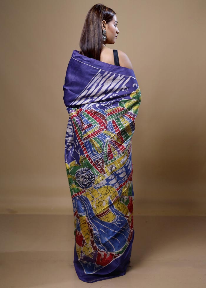 Blue Printed Pure Silk Saree Without Blouse Piece