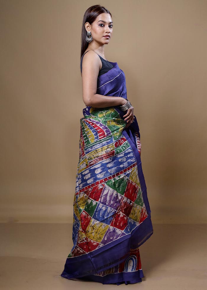 Blue Printed Pure Silk Saree Without Blouse Piece