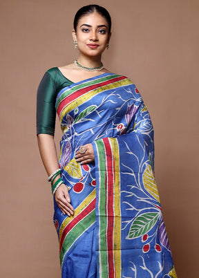 Blue Printed Pure Silk Saree Without Blouse Piece