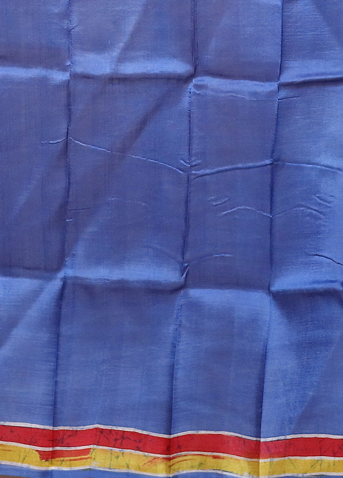 Blue Printed Pure Silk Saree Without Blouse Piece