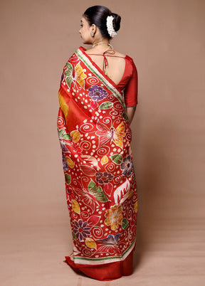 Red Printed Pure Silk Saree Without Blouse Piece