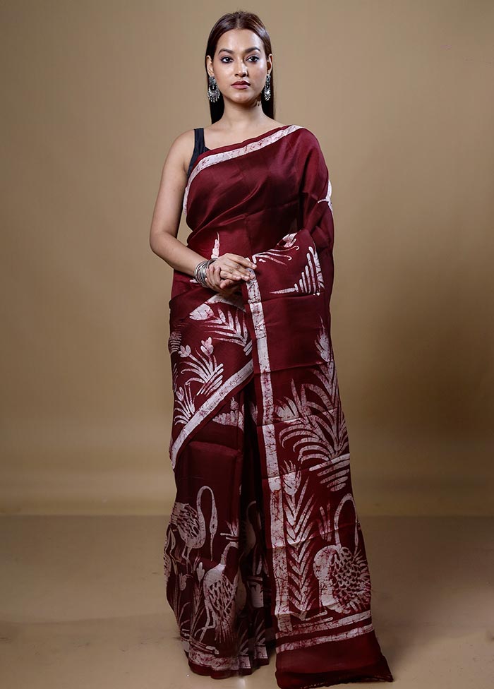 Maroon Printed Pure Silk Saree Without Blouse Piece