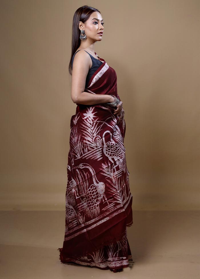 Maroon Printed Pure Silk Saree Without Blouse Piece