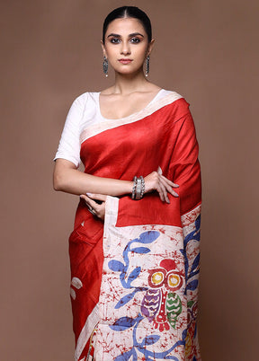 Red Printed Pure Silk Saree Without Blouse Piece