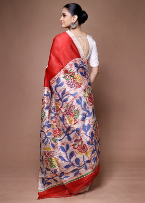 Red Printed Pure Silk Saree Without Blouse Piece