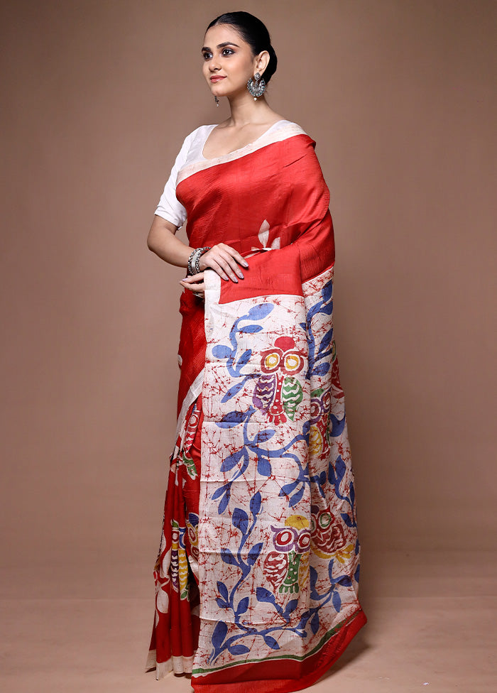 Red Printed Pure Silk Saree Without Blouse Piece