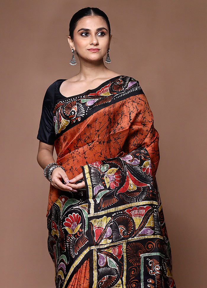 Rust Printed Pure Silk Saree Without Blouse Piece