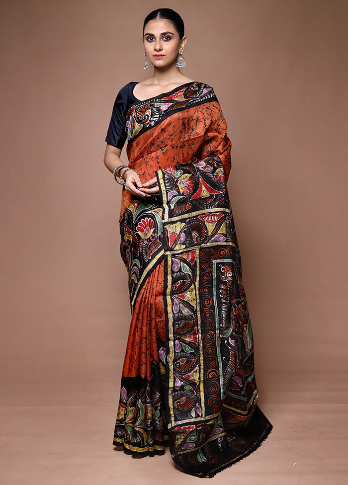 Rust Printed Pure Silk Saree Without Blouse Piece