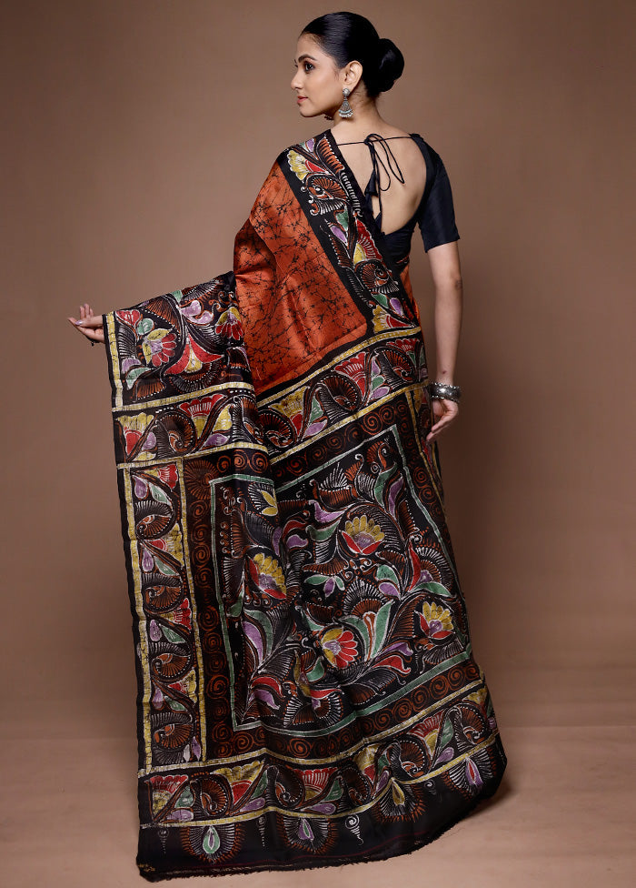 Rust Printed Pure Silk Saree Without Blouse Piece