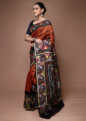 Rust Printed Pure Silk Saree Without Blouse Piece