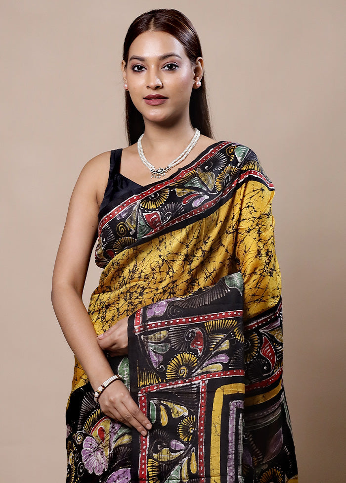 Yellow Printed Pure Silk Saree Without Blouse Piece