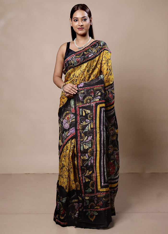 Yellow Printed Pure Silk Saree Without Blouse Piece