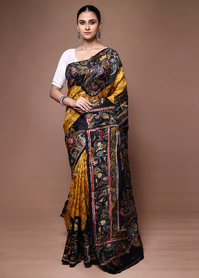 Yellow Printed Pure Silk Saree Without Blouse Piece