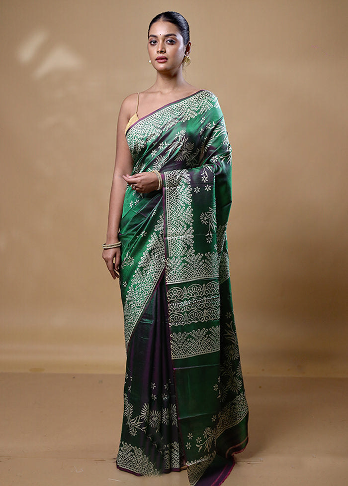 Green Printed Pure Silk Saree Without Blouse Piece