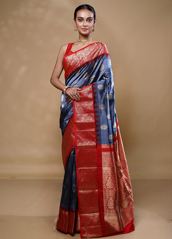 Blue Handloom Kanchipuram Pure Silk Saree With Blouse Piece