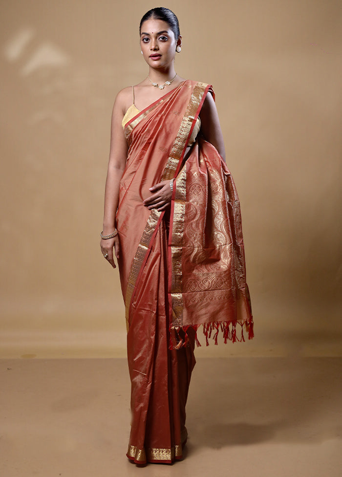 Peach Kanjivaram Silk Saree With Blouse Piece