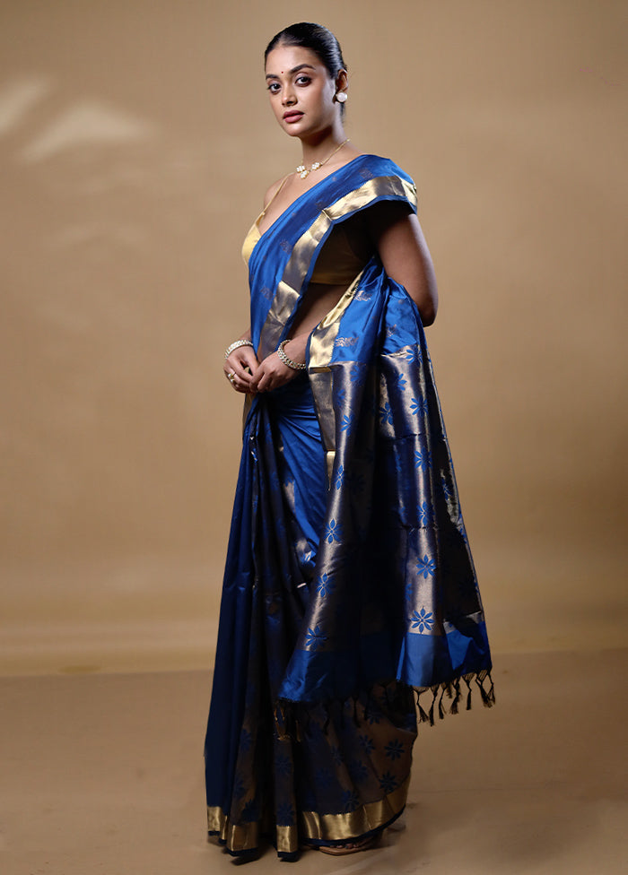 Blue Kanjivaram Silk Saree With Blouse Piece