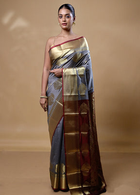 Grey Kanjivaram Silk Saree With Blouse Piece