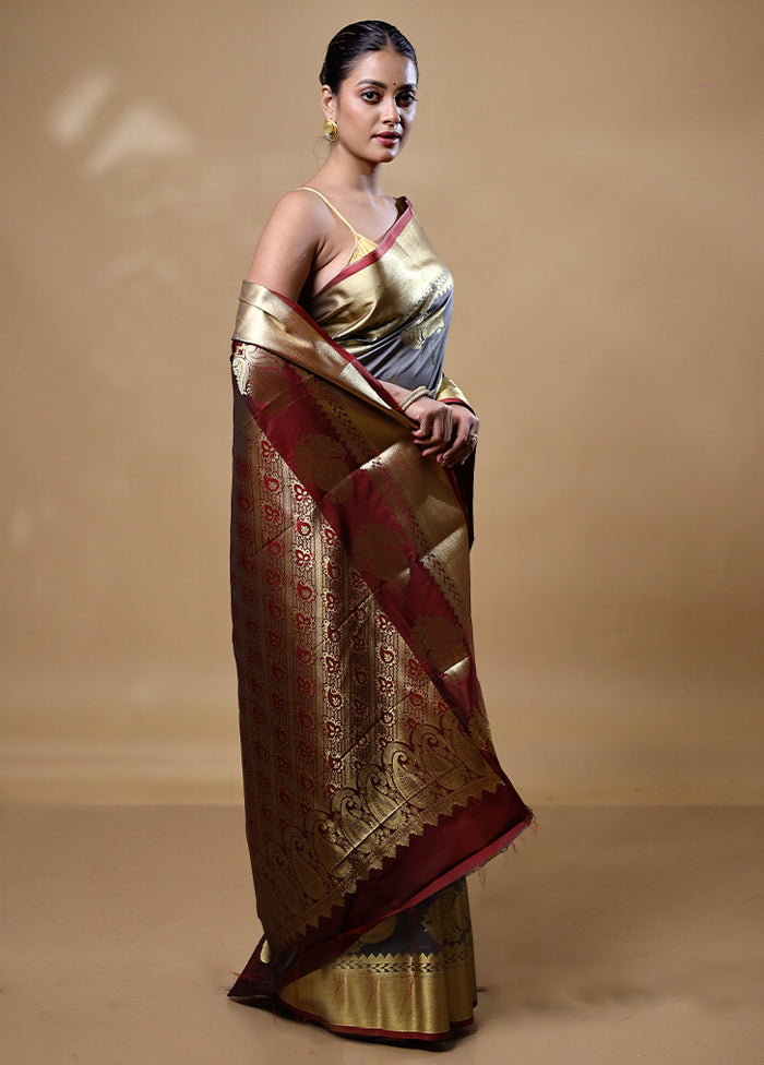 Grey Kanjivaram Silk Saree With Blouse Piece