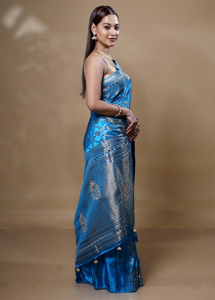 Blue Dupion Silk Saree With Blouse Piece