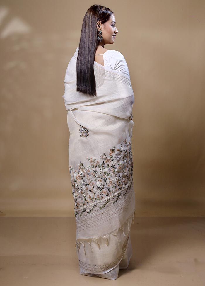 White Linen Silk Saree With Blouse Piece