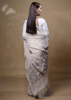 White Linen Silk Saree With Blouse Piece