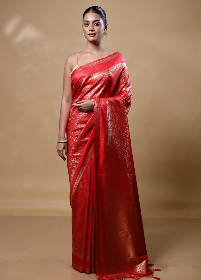 Red Dupion Silk Saree With Blouse Piece