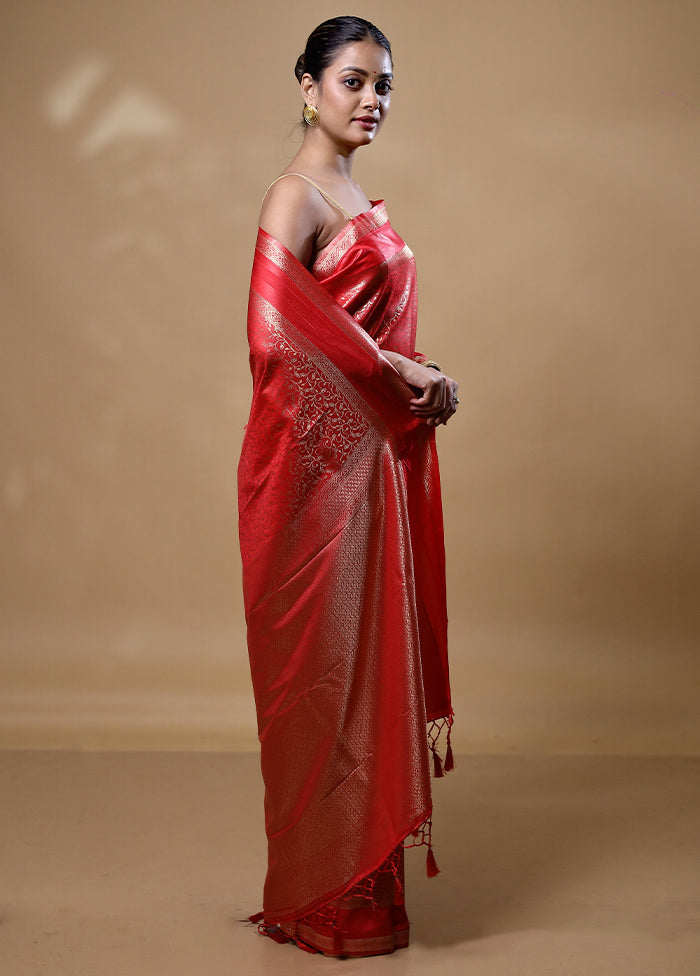 Red Dupion Silk Saree With Blouse Piece