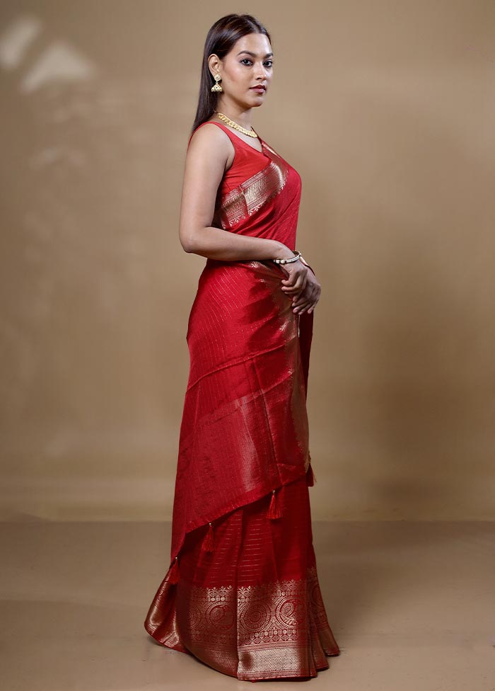 Red Dupion Silk Saree With Blouse Piece