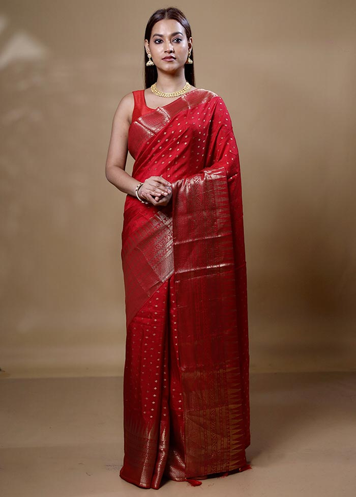 Red Dupion Silk Saree With Blouse Piece