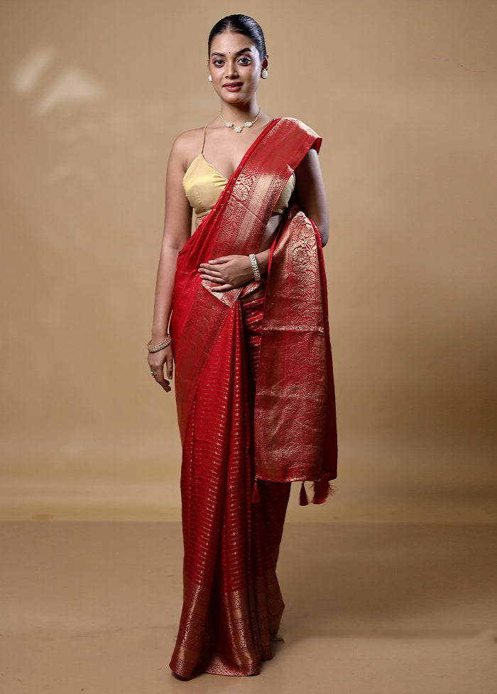 Red Dupion Silk Saree With Blouse Piece