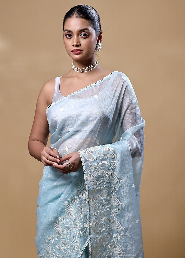 Blue Crushed Tissue Silk Saree With Blouse Piece