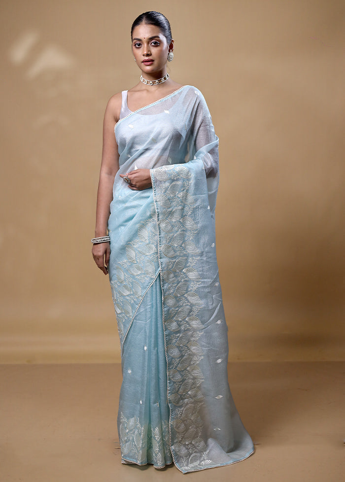 Blue Crushed Tissue Silk Saree With Blouse Piece