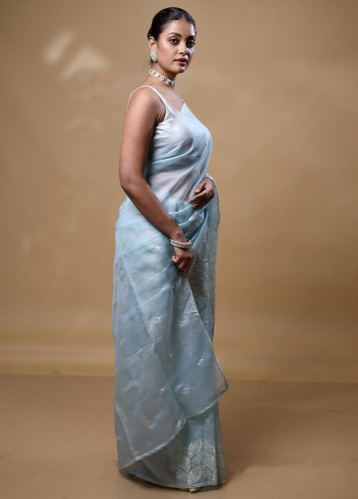 Blue Crushed Tissue Silk Saree With Blouse Piece