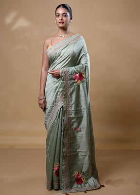 Green Dupion Silk Saree With Blouse Piece