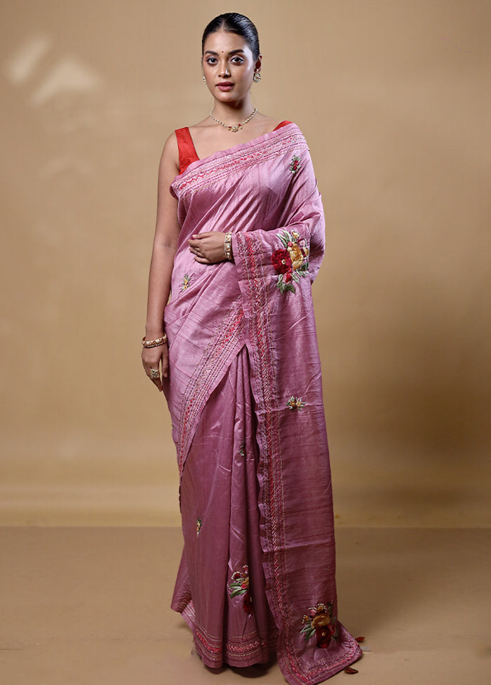 Pink Dupion Silk Saree With Blouse Piece