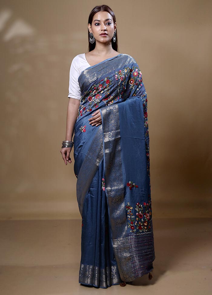 Blue Dupion Silk Saree With Blouse Piece