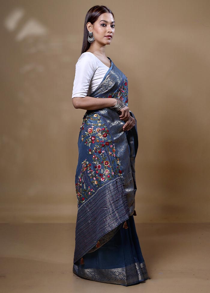 Blue Dupion Silk Saree With Blouse Piece